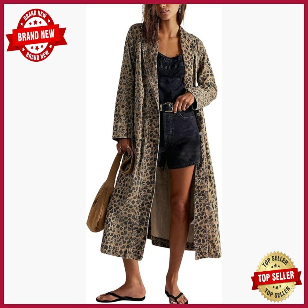 Midi Long Denim Trench Coat Leopard Print Distressed Overcoat Women's